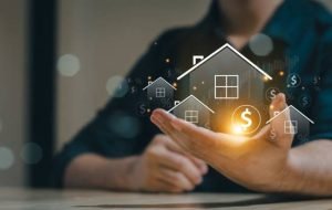 Real estate concept business, home insurance and real estate protection. Real estate investment concept. Buy and sell houses and real estate online on a virtual screen.